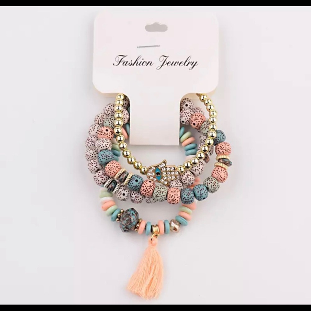 Boho Hamsa hand evil eye stone tassel 4pc set - Picture 2 of 2